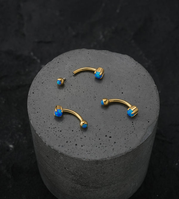 Gold PVD Blue Opalite Prong Set Stainless Steel Curved Barbell