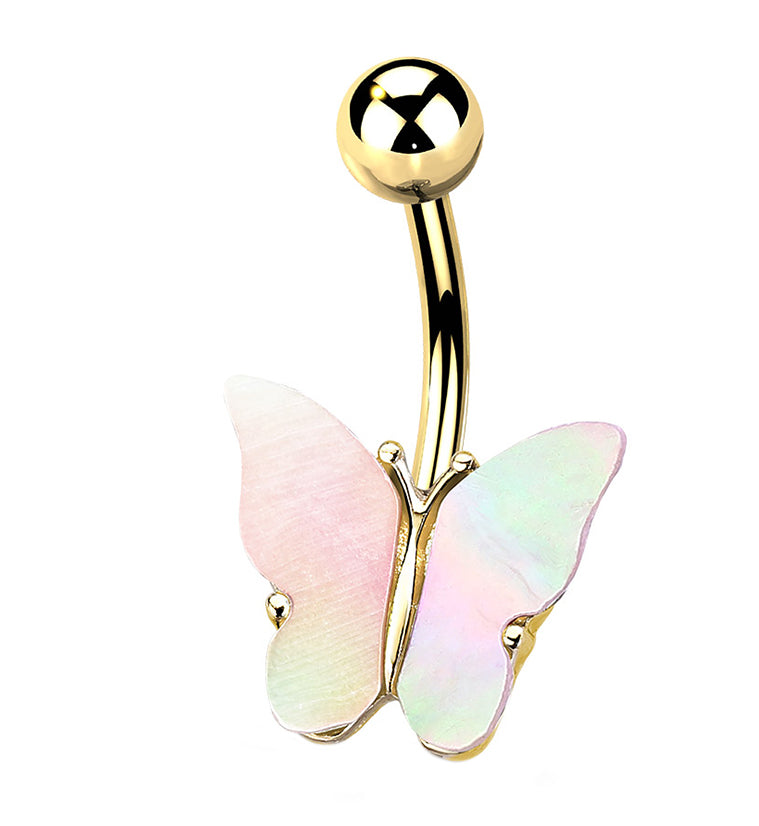 Gold PVD Butterfly MOP Shell Belly Button Ring