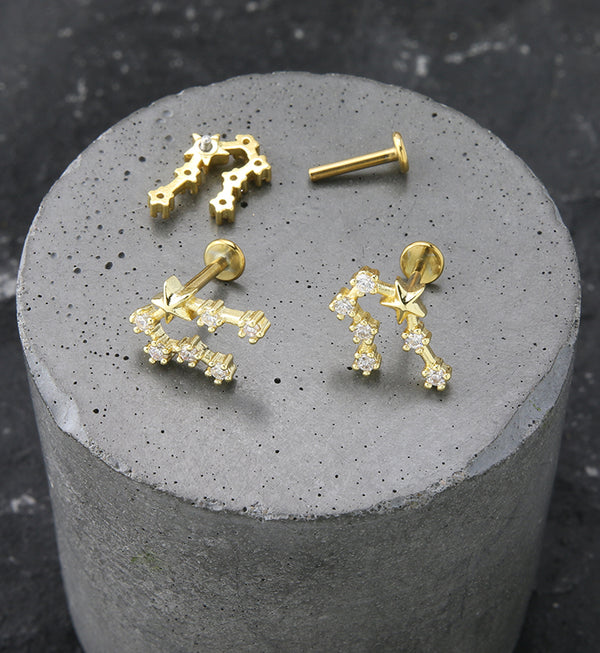 Gold PVD Cancer Constellation Clear CZ Stainless Steel Internally Threaded Labret