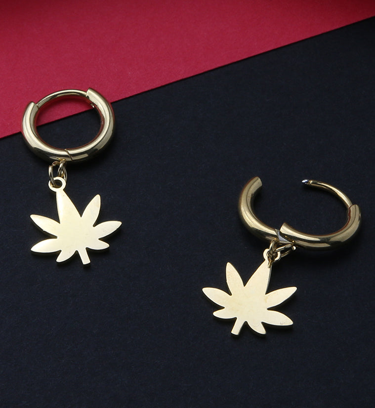 Gold PVD Cannabis Stainless Steel Hinged Earrings