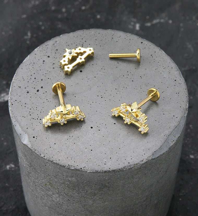 Gold PVD Capricorn Constellation Clear CZ Stainless Steel Internally Threaded Labret