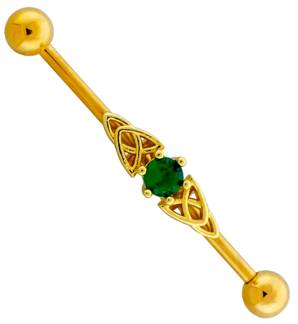Gold PVD Celtic Knot Green CZ Stainless Steel Industrial Barbell