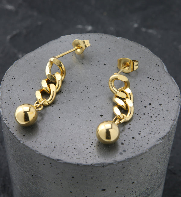 Gold PVD Chain Link Ball Stainless Steel Earrings