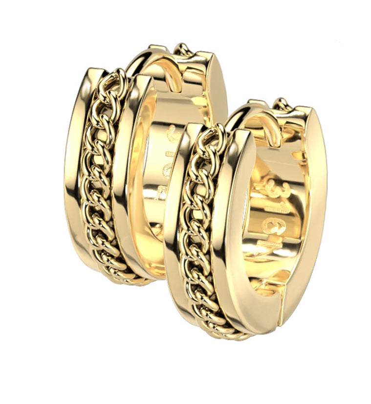 Gold PVD Chain Link Stainless Steel Hinged Hoop Earrings