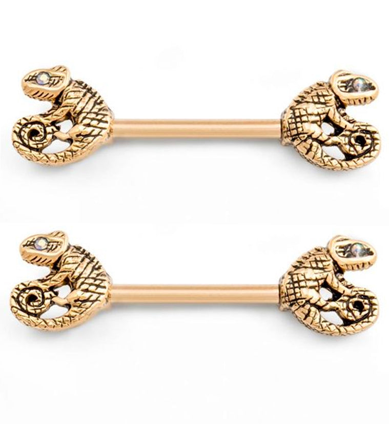 Gold PVD Chameleon Nipple Ring Barbell