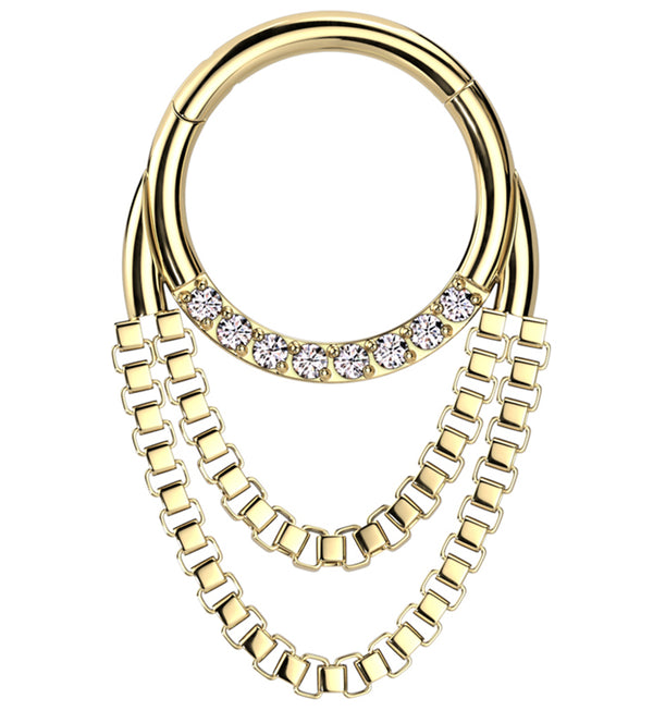 Gold PVD Clear CZ Double Dangle Chain Titanium Hinged Segment Ring