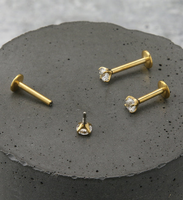 Gold PVD Clear CZ Prong Labret Stud (Convex Disk)