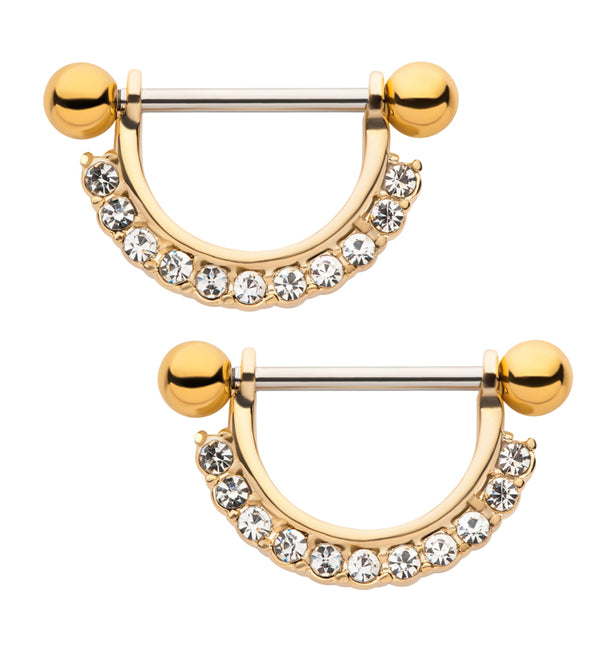 Gold PVD Clear CZ Row Nipple Ring Barbell