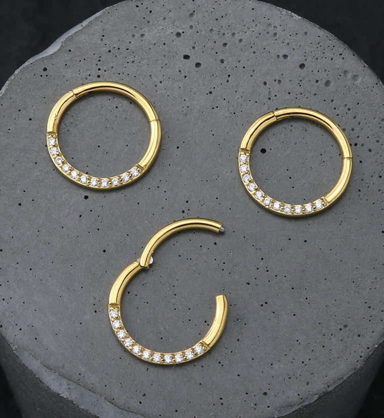 Gold PVD Clear CZ Row Stainless Steel Hinged Segment Ring
