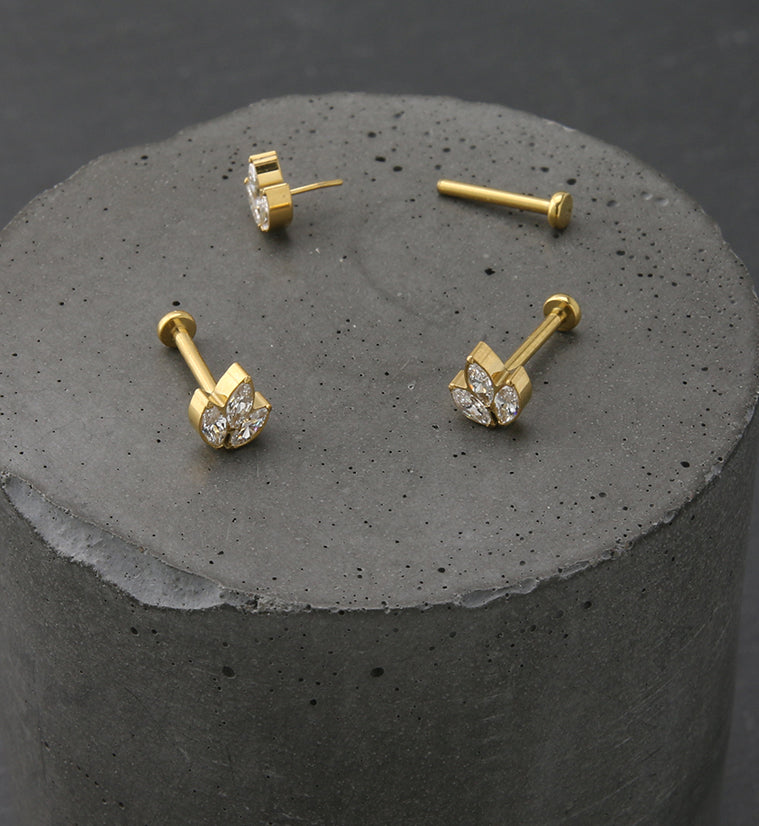 Gold PVD Clear CZ Tri Sepal Titanium Threadless Labret