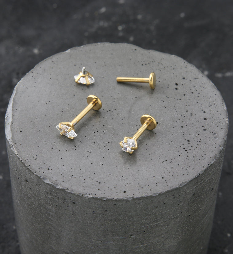 Gold PVD Clear Prong Oval CZ Stainless Steel Internally Threaded Labret