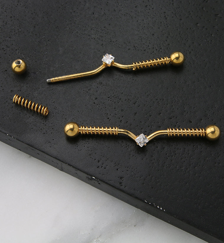 Gold PVD Coil CZ Industrial Barbell