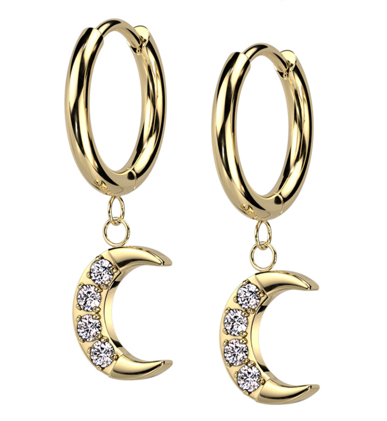 Gold PVD Crescent Moon CZ Dangle Stainless Steel Hinged Hoop Earrings