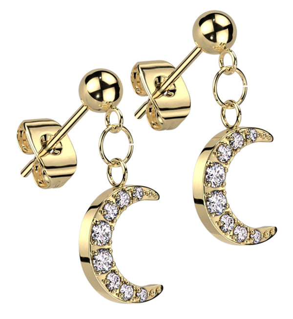 Gold PVD Crescent Moon CZ Dangle Stainless Steel Stud Earrings