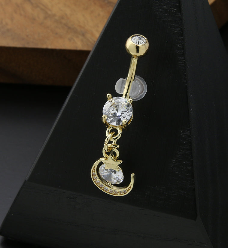 Gold PVD Crescent Moon Star CZ Stainless Steel Belly Button Ring