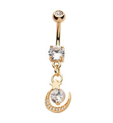 Gold PVD Crescent Moon Star CZ Stainless Steel Belly Button Ring