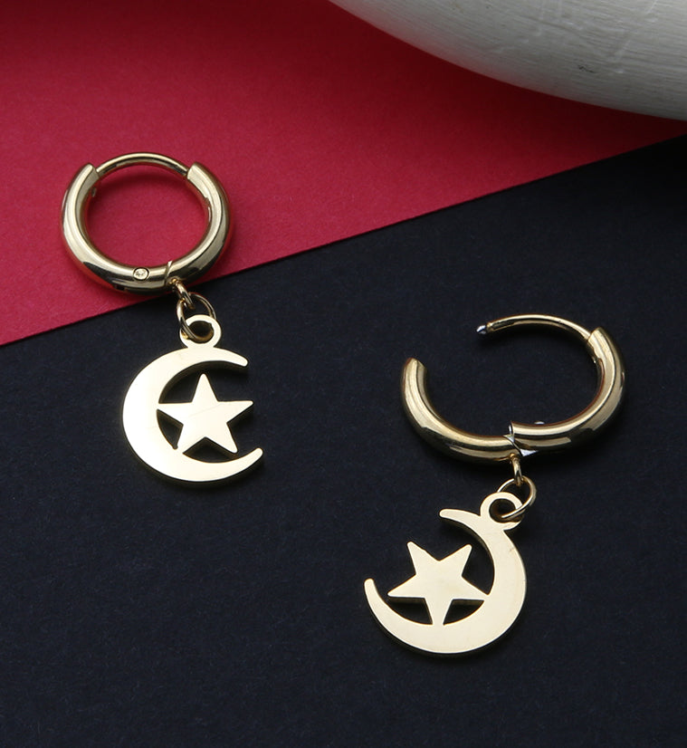 Gold PVD Crescent Star Stainless Steel Hinged Earrings