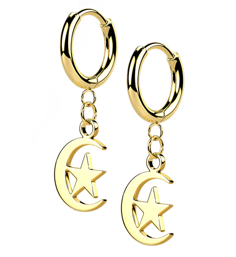Gold PVD Crescent Star Stainless Steel Hinged Earrings