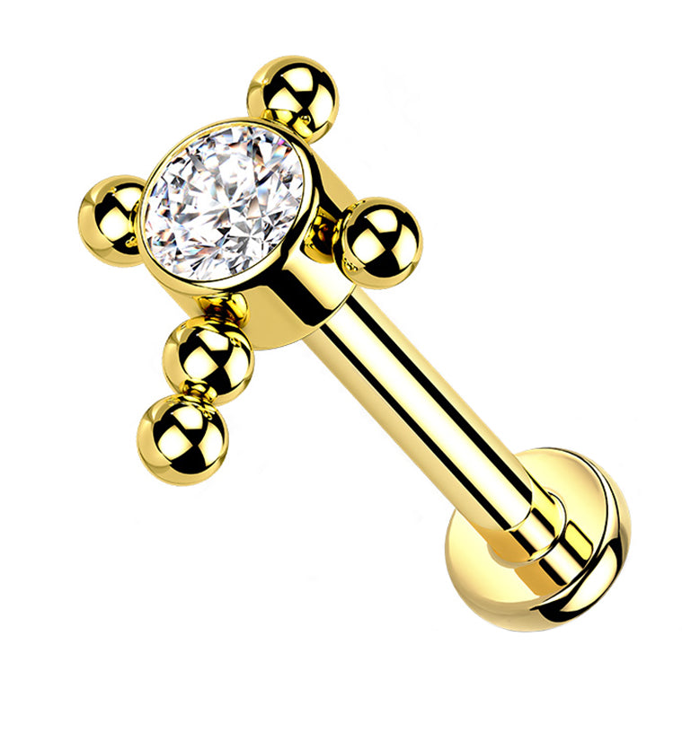 Gold PVD Cross Centered Clear CZ Titanium Labret