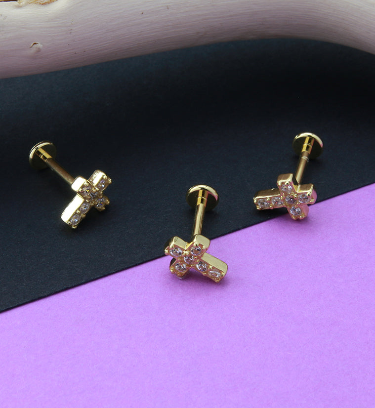Gold PVD Cross CZ Gem Labret Post