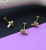 Gold PVD Cross CZ Gem Labret Post