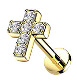 Gold PVD Cross CZ Gem Labret Post