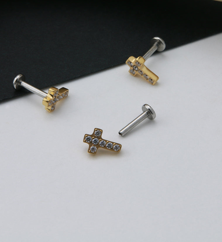 Gold PVD Cross Prong Set CZ Labret Post