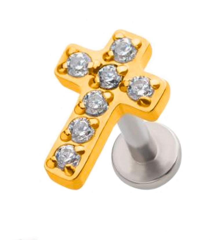 Gold PVD Cross Prong Set CZ Labret Post