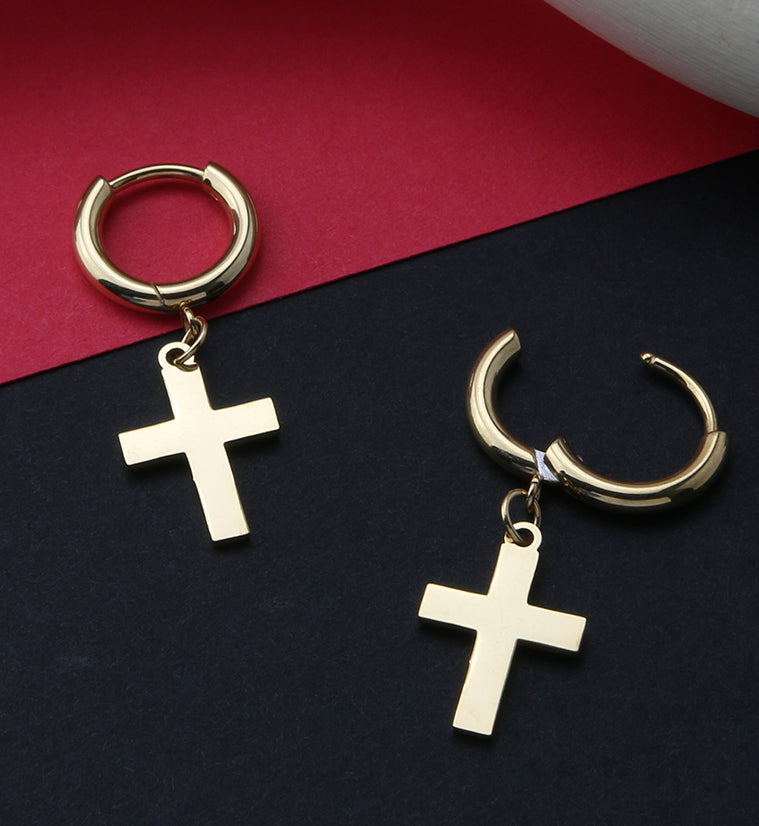 Gold PVD Cross Stainless Steel Hinged Earrings