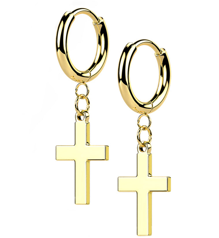 Gold PVD Cross Stainless Steel Hinged Earrings