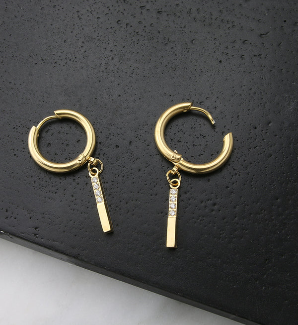 Gold PVD Dangle Bar CZ Stainless Steel Hinged Earrings