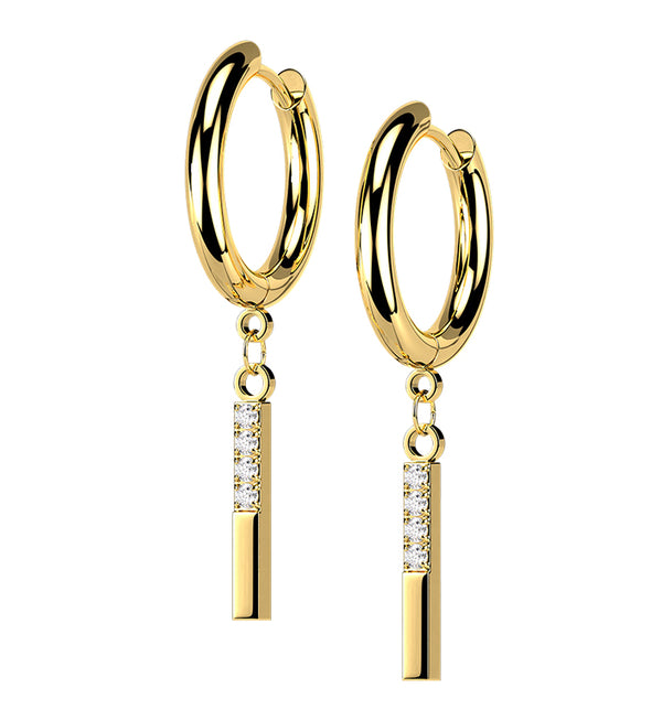Gold PVD Dangle Bar CZ Stainless Steel Hinged Earrings