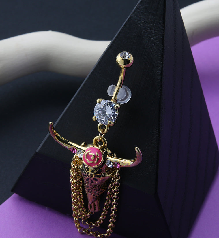 Gold PVD Floral Longhorn Skull Dangle Chain Belly Button Ring