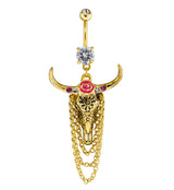 Gold PVD Floral Longhorn Skull Dangle Chain Belly Button Ring