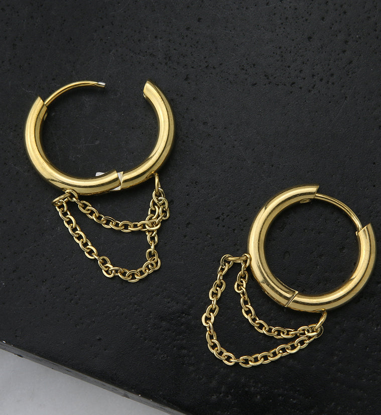 Gold PVD Dangle Chain Stainless Steel Hinged Earrings