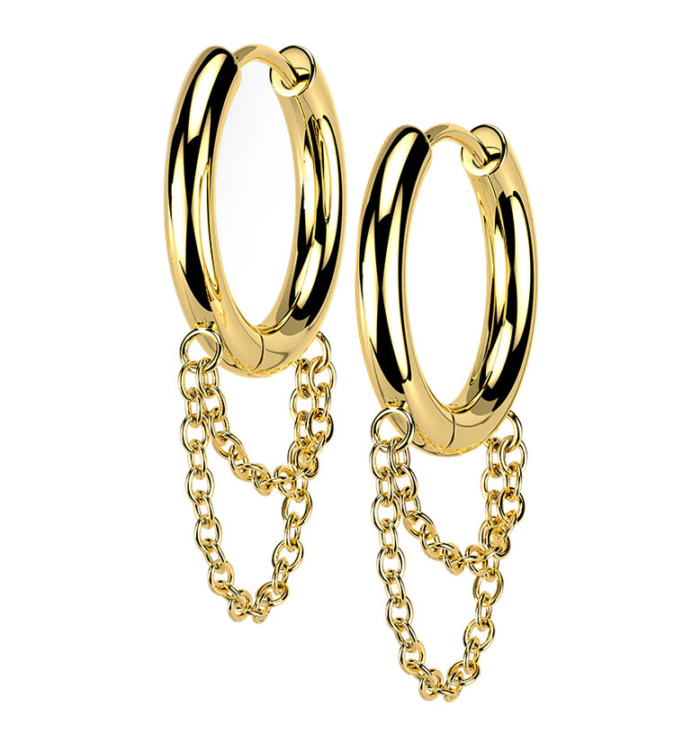 Gold PVD Dangle Chain Stainless Steel Hinged Earrings
