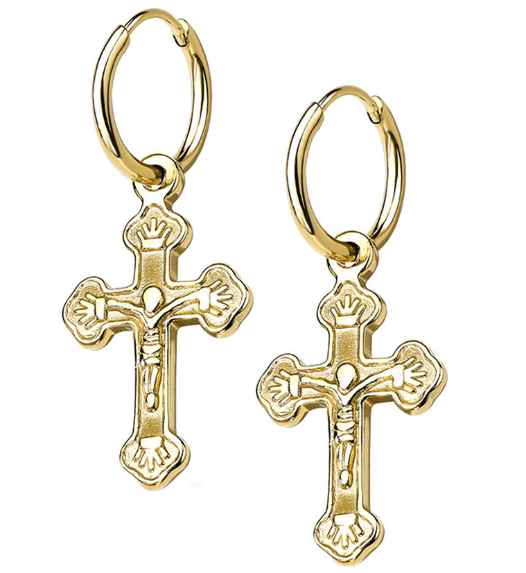 Gold PVD Dangle Cross Stainless Steel Earrings