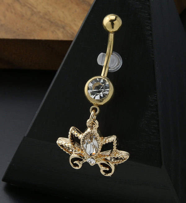 Gold PVD Dangle Lotus Flower CZ Stainless Steel Belly Button Ring