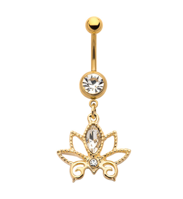 Gold PVD Dangle Lotus Flower CZ Stainless Steel Belly Button Ring