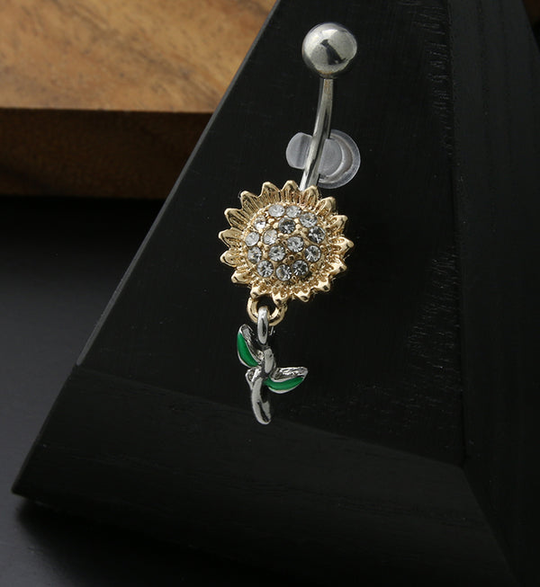 Gold PVD Dangle Sunflower CZ Stainless Steel Belly Button Ring