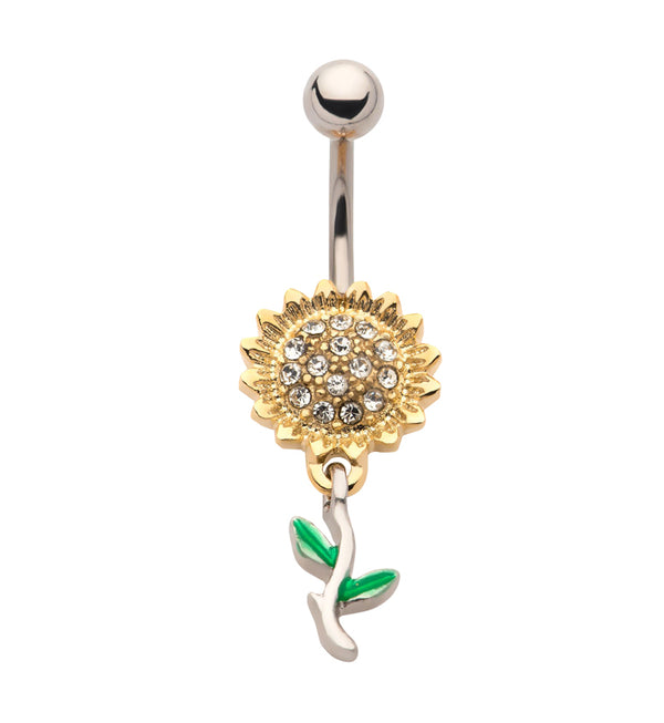 Gold PVD Dangle Sunflower CZ Stainless Steel Belly Button Ring