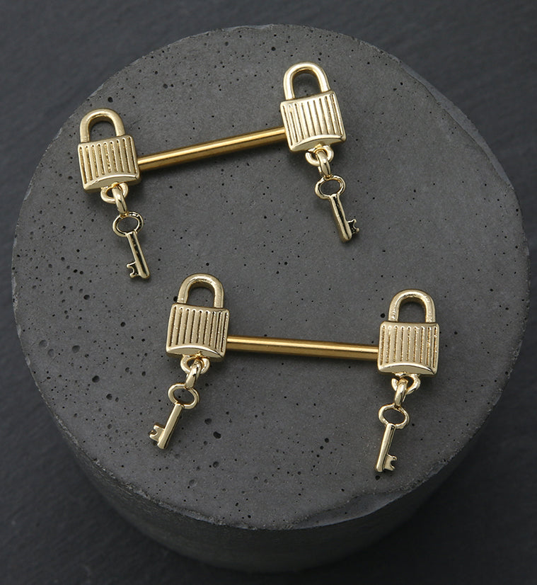 Gold PVD Dangling Key Lock Stainless Steel Nipple Barbell