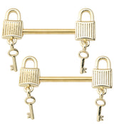 Gold PVD Dangling Key Lock Stainless Steel Nipple Barbell