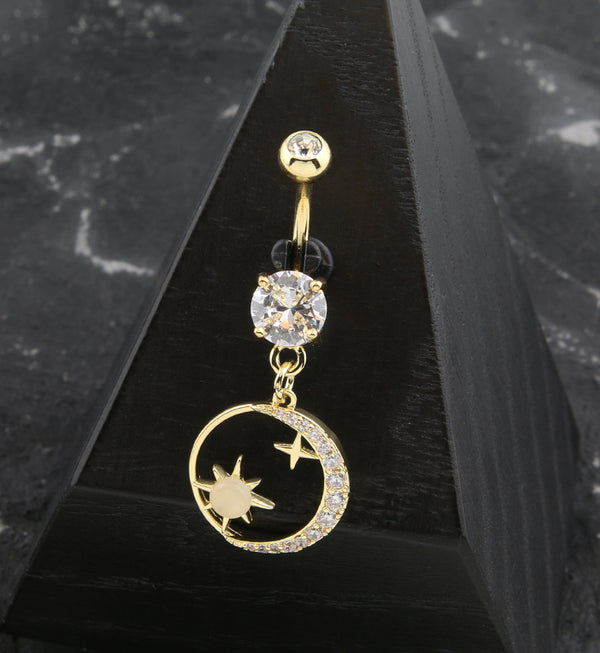Gold PVD Day And Night Clear CZ White Opalite Dangle Belly Button Ring