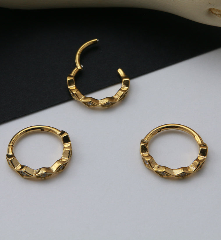 Gold PVD Diamond Shaped Clear CZ Hinged Segment Ring