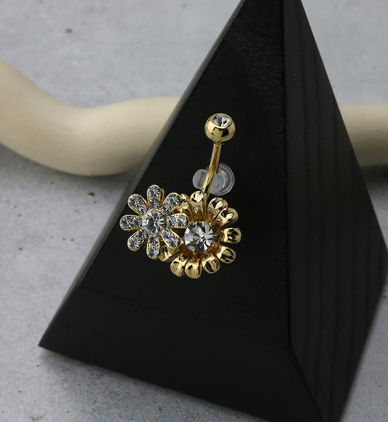 Gold PVD Double Flower CZ Belly Ring