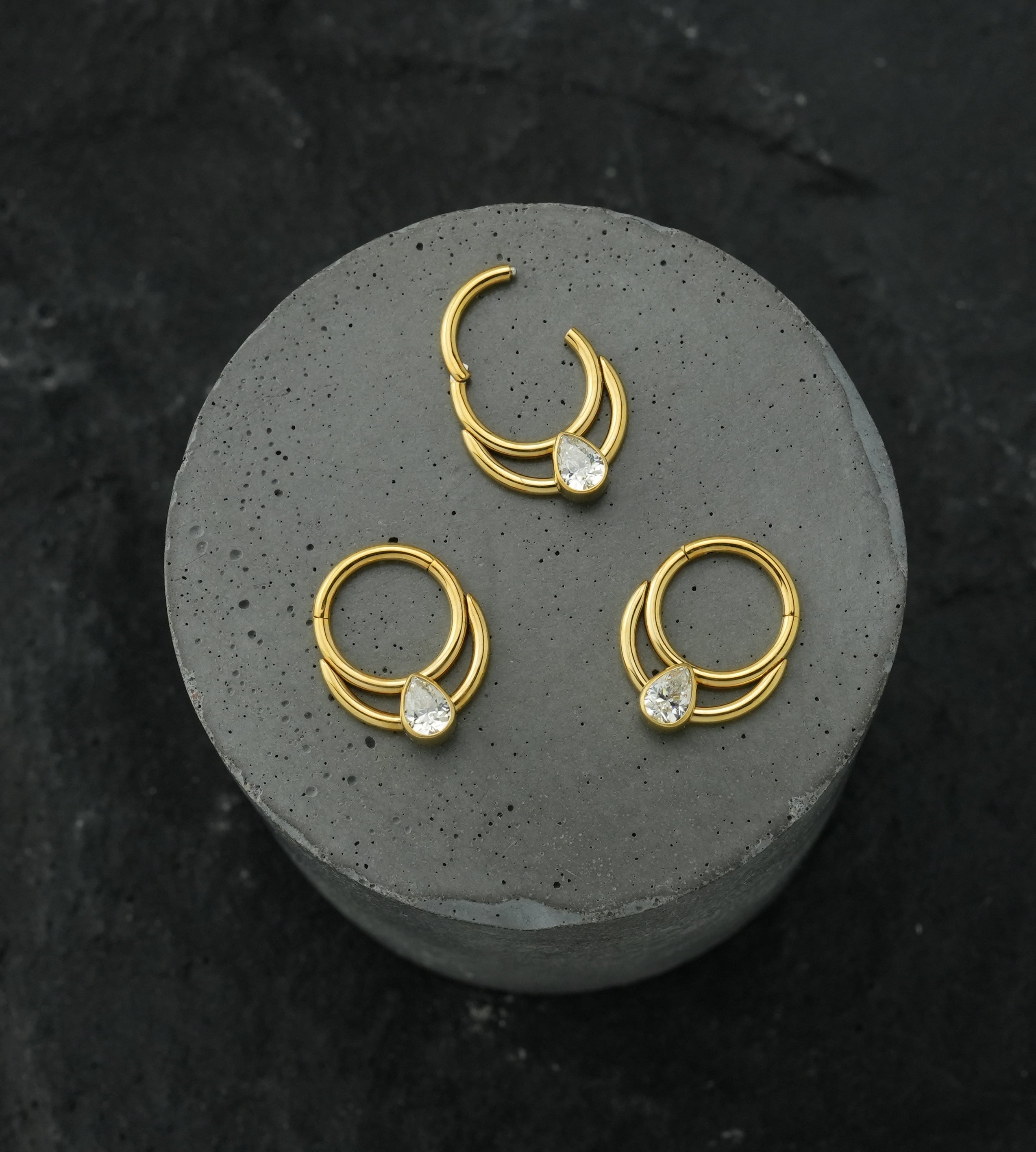 Gold PVD Double Hoop Teardrop Clear CZ Stainless Steel Hinged Segment Ring