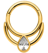 Gold PVD Double Hoop Teardrop Clear CZ Stainless Steel Hinged Segment Ring