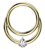 Gold PVD Double Hoop Teardrop CZ Titanium Hinged Segment Ring