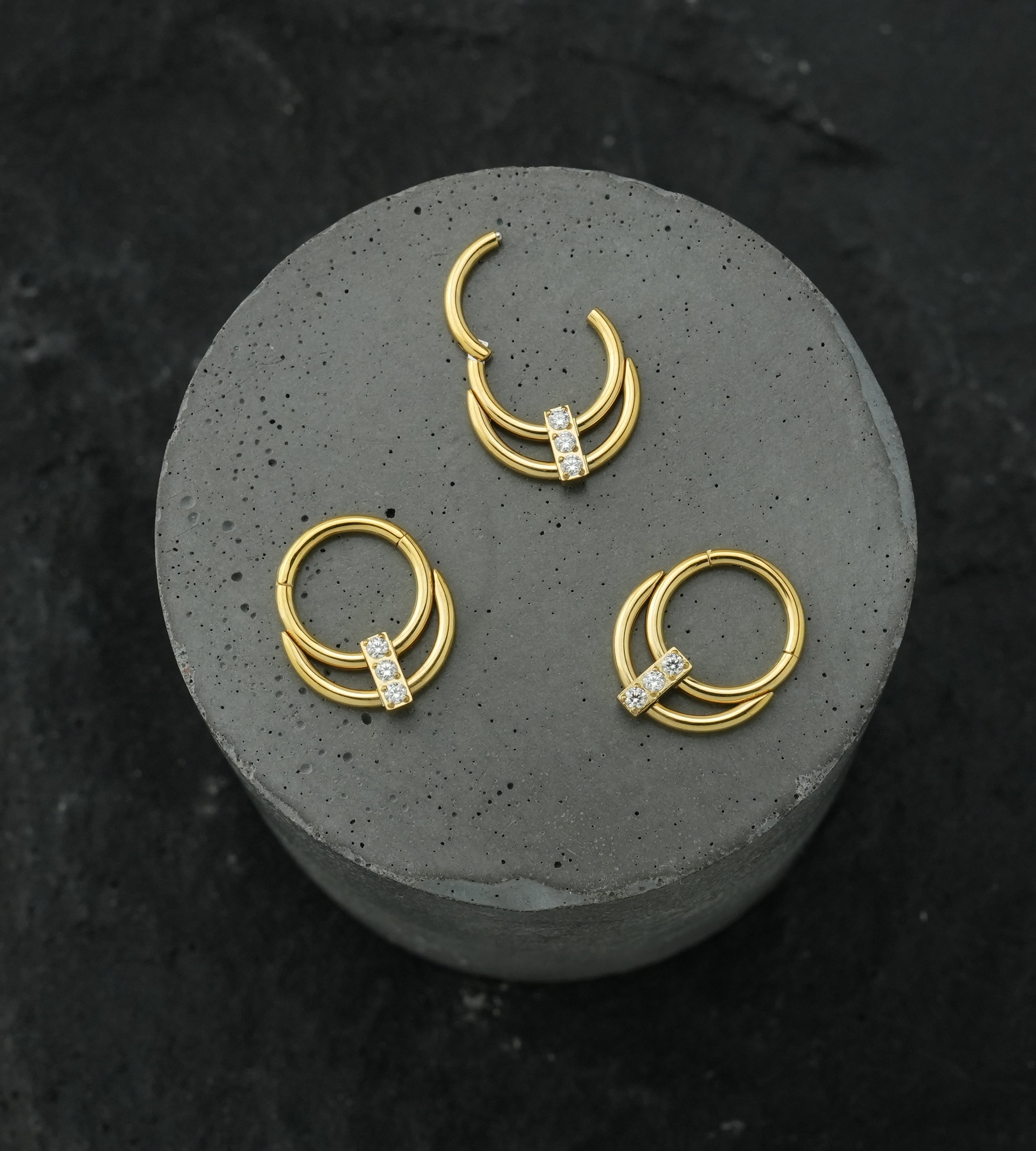 Gold PVD Double Hoop Triple Clear CZ Bar Stainless Steel Hinged Segment Ring